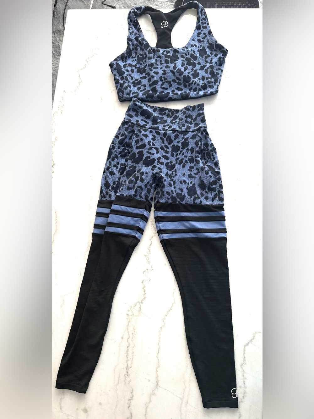 Blue and Black Leopard Print High-Waist Seamless Legging & Cutout Sports Bra Set